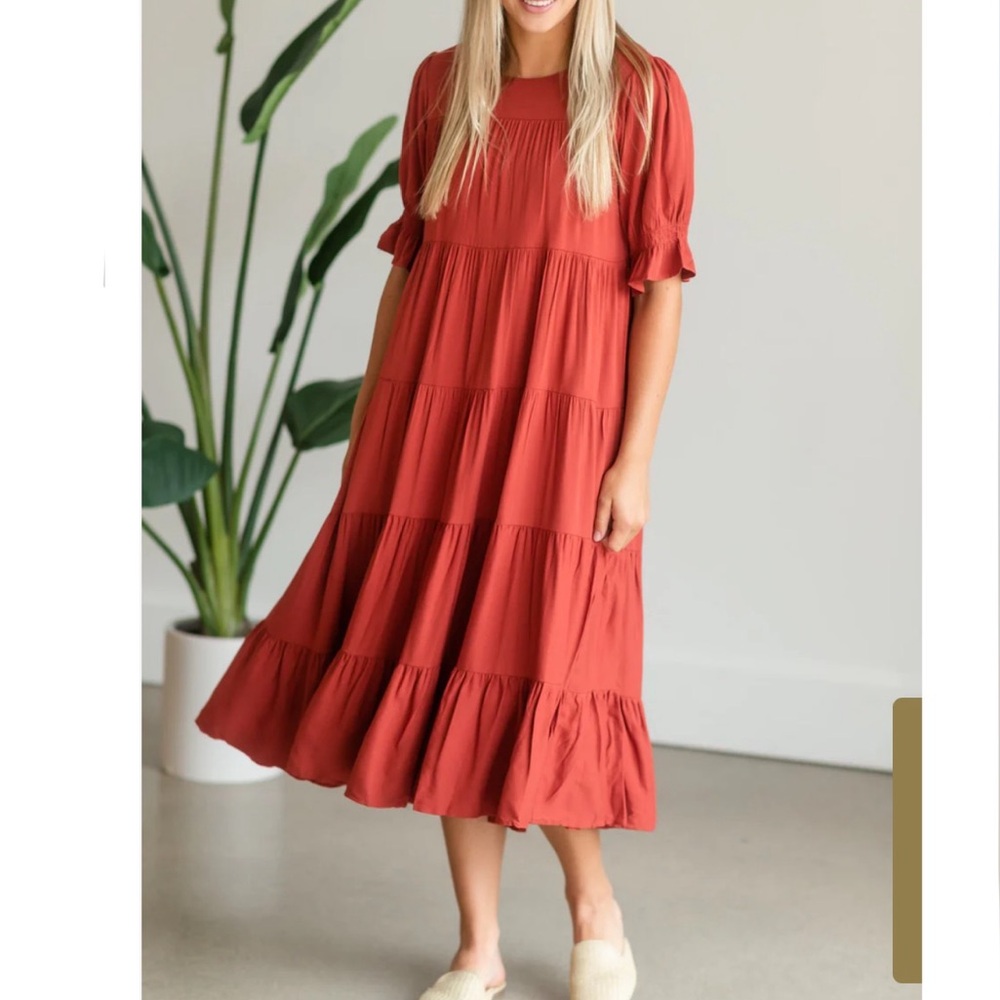 Orange Creek LA Mustard Yellow Smocked Sleeve Tiered Silhouette Midi Dress L